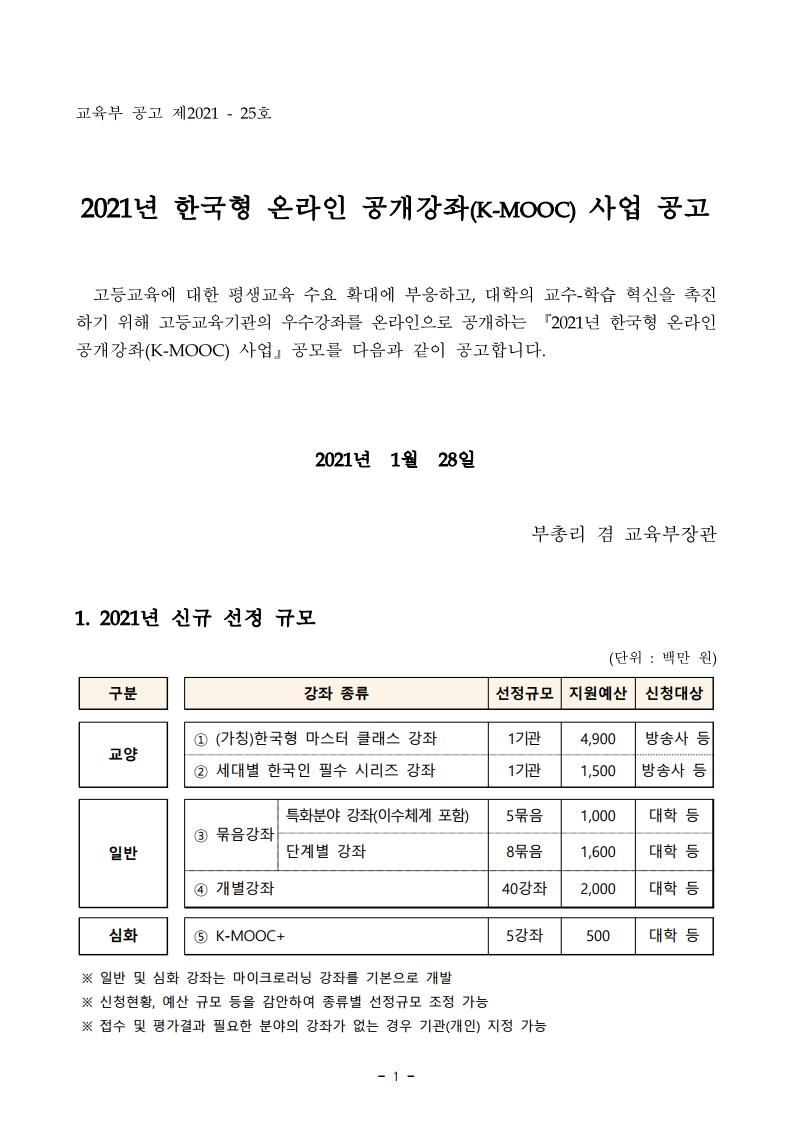 (붙임2)%202021년%20한국형%20온라인%20공개강좌(K-MOOC)%20사업%20공고문.pdf_page_01.jpg